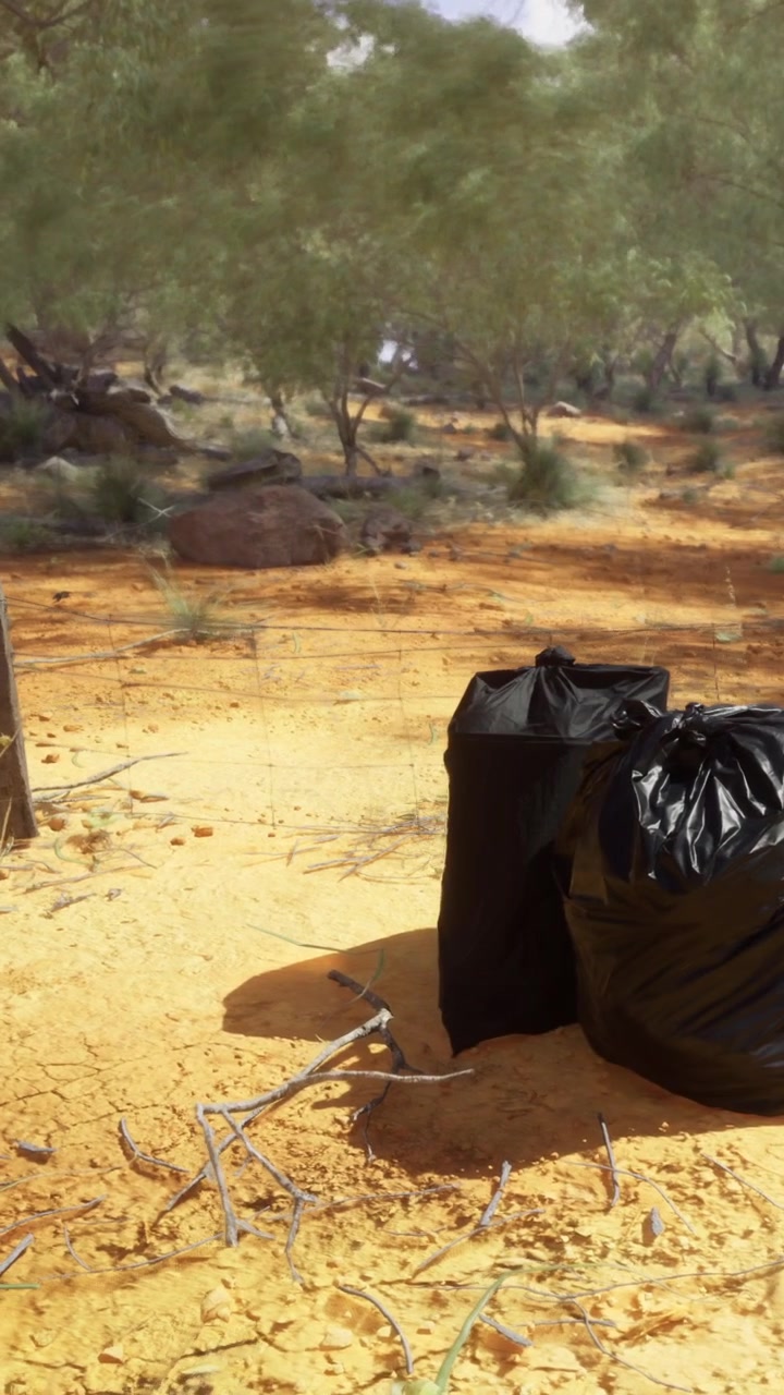 Garbage bags placed near a wooden post in a dry landscape