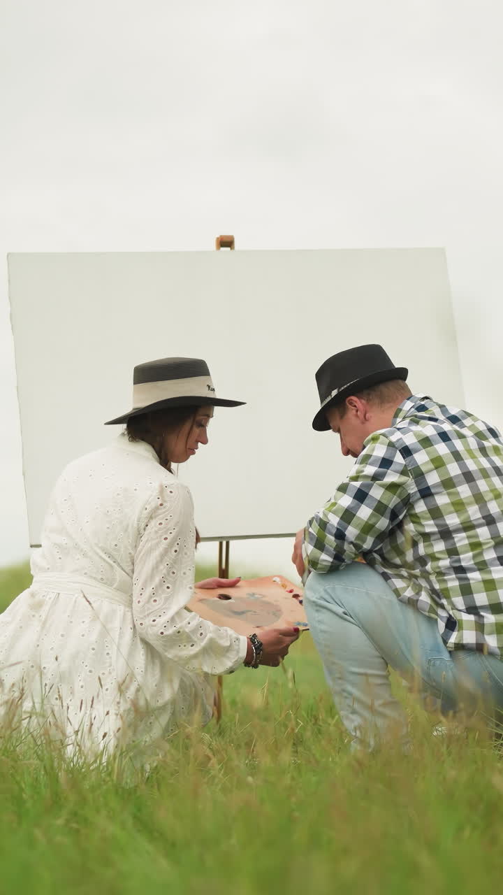 한 남자와 한 여자, 둘 다 잔디에 구부러져, 그들의 예술적 임무에 초점을 맞추고,  드레스를 입은 여자는 팔레트를 들고, 체크 된 셔츠와 모자를 입은 남자는 조심스럽게 보입니다.