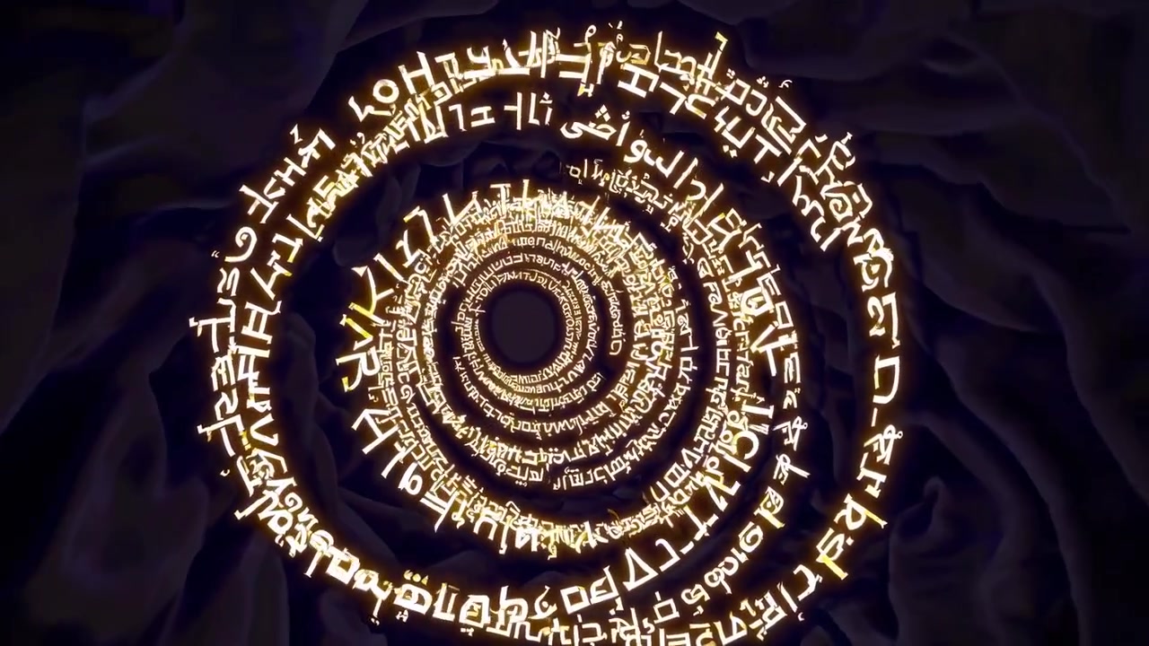 Abstrakt 3D-tunnel av glødende gyllen arabisk kalligrafi