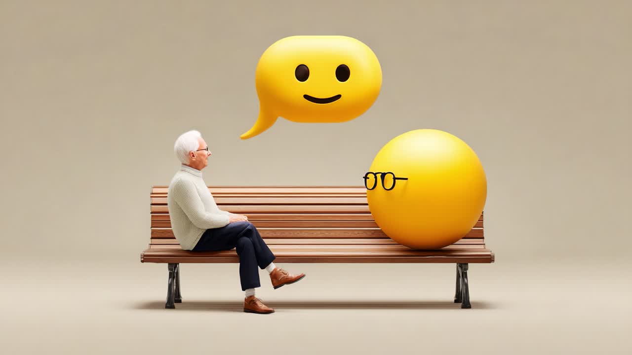 An Engaging Conversation: An Elderly Man and a Cheerful Emoji on a Park Bench Share a Delightful Dialogue, Illustrating Connection and Understanding in Modern Communication
