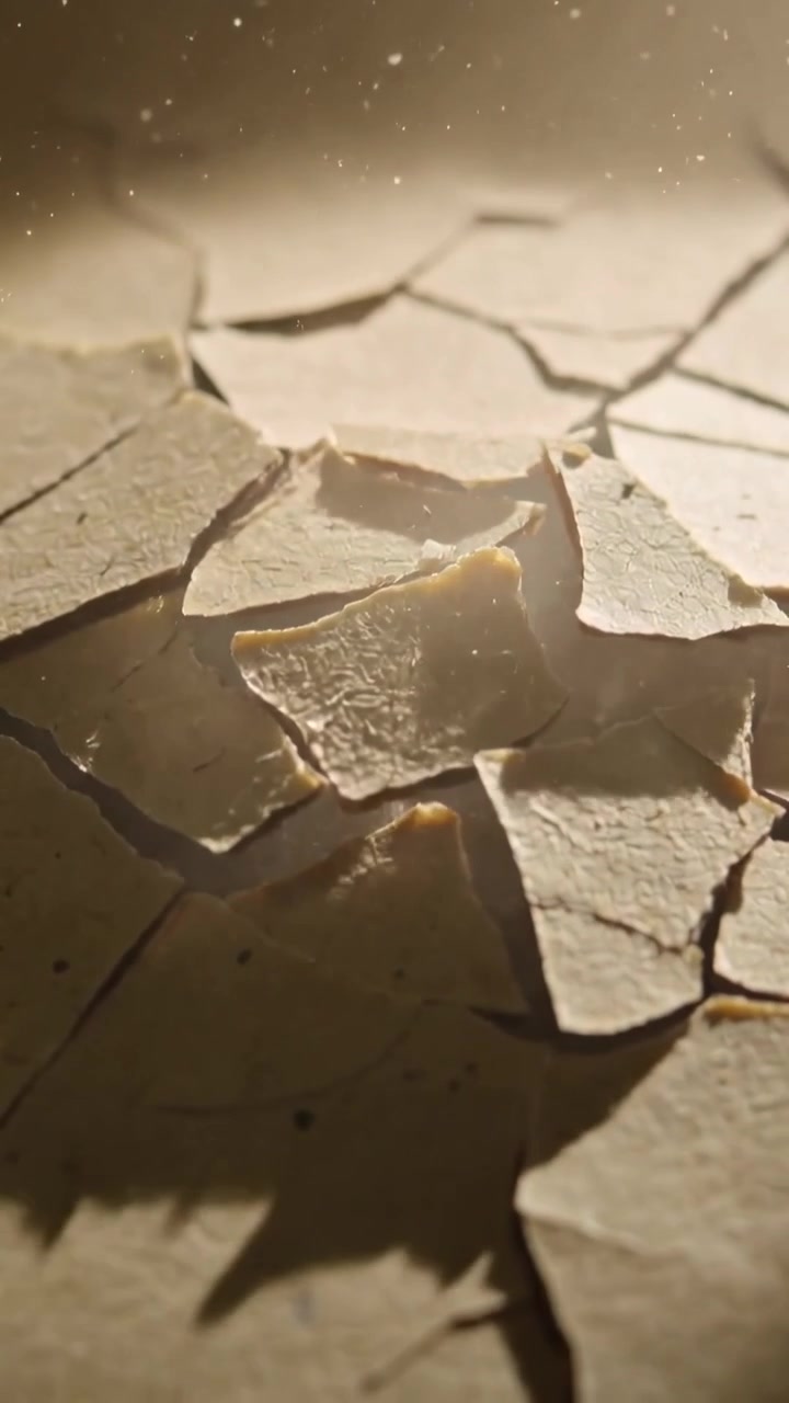 Vertical video: Moving camera zooming on beige flakes on table, flakes lifting, revealing dusty gap