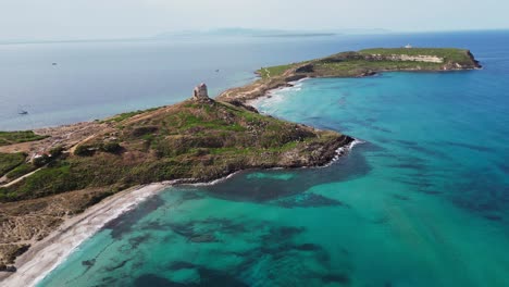 Sandy-beach-and-Capo-San-Marco-Peninsula,-San-Giovanni-di-Sinis,-Sardinia---4k-Aerial