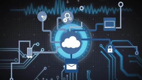 animation of flowchart of icon over soundwaves and circuit board pattern on grid pattern