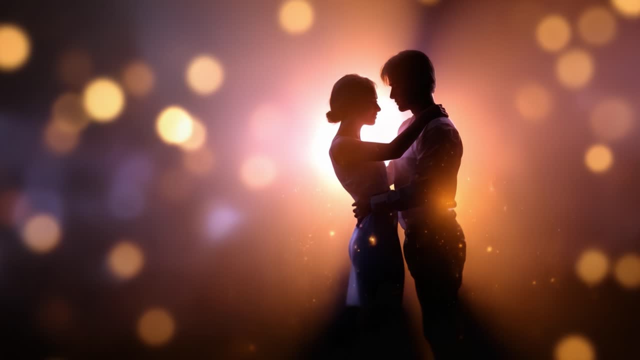 Un abbraccio romantico: silhouette accattivanti di una coppia in un'atmosfera sognante e scintillante, circondata da luci e colori radiosi che evocano passione