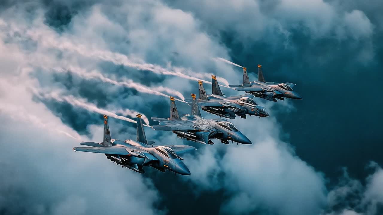 Esibizione aerea di una formazione di caccia che manovrano tra le nuvole, mettendo in mostra precisione e potenza nella tecnologia aeronautica