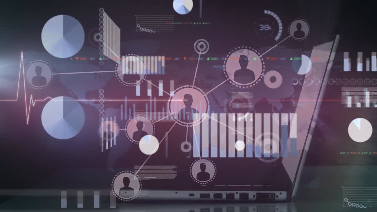 Animation of brown digital screen with data, heart rate, connections and hands with laptop