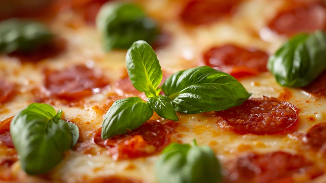 Messa a fuoco, la fotocamera si concentra su un rametto di basilico sopra una pizza ai peperoni in studio, mostrando il formaggio fuso.