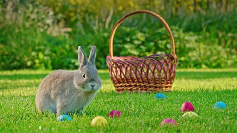 easter bunny in a garden with eggs