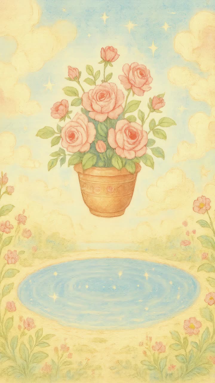 Whimsical video concept of a floating rose pot above a sparkling pond, captured from a low angle