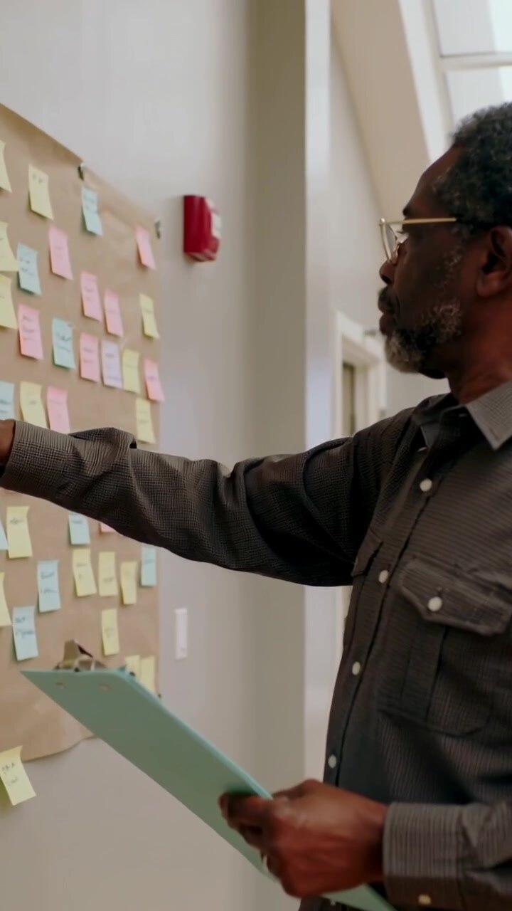 Vertical video: Entering man reading board in room as planner with clipboard dark shirt, copy space