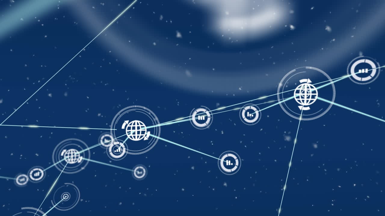 Animation of white particles falling over network of digital icons against blue background