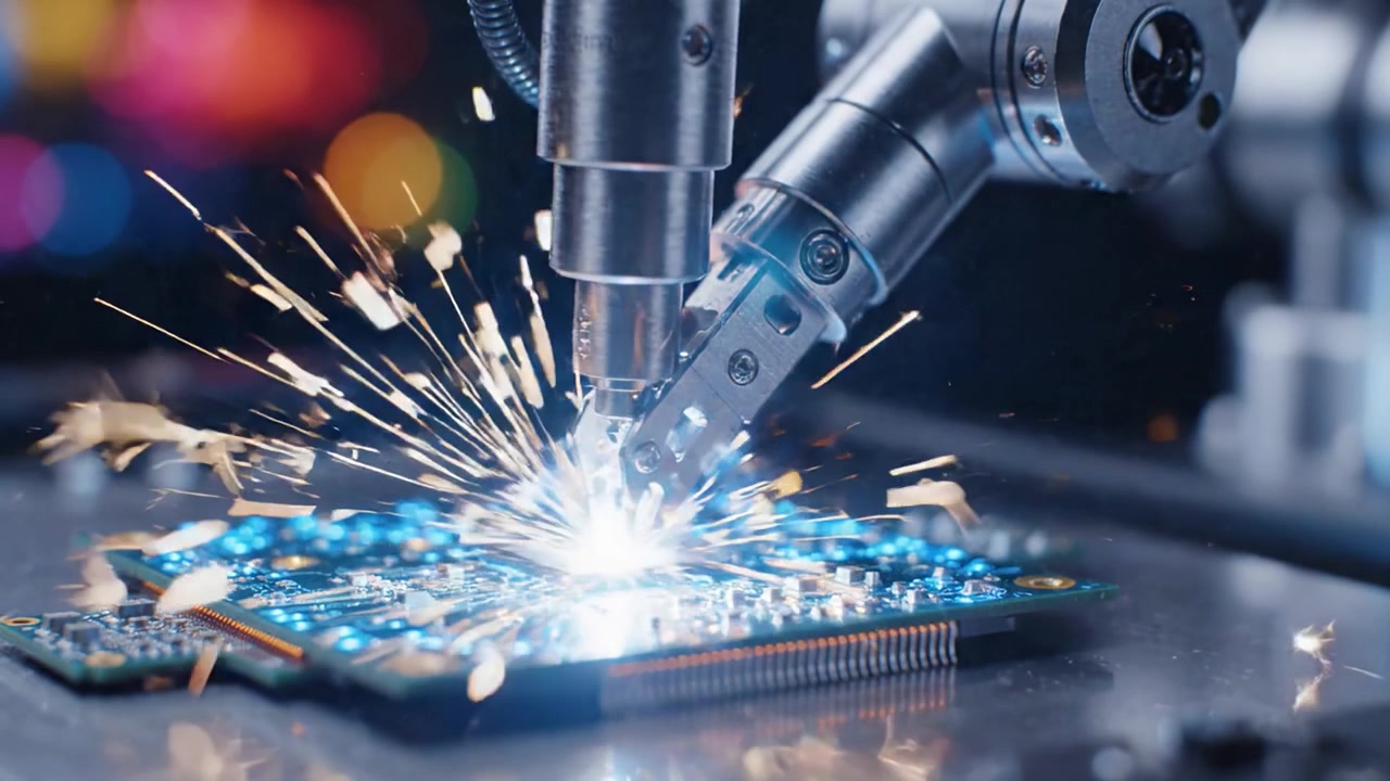 Advanced Robotic Arm Assembling a Complex Electronic Circuit Board with Bright LEDs Underneath, Showcasing Precision and Technology in Automation