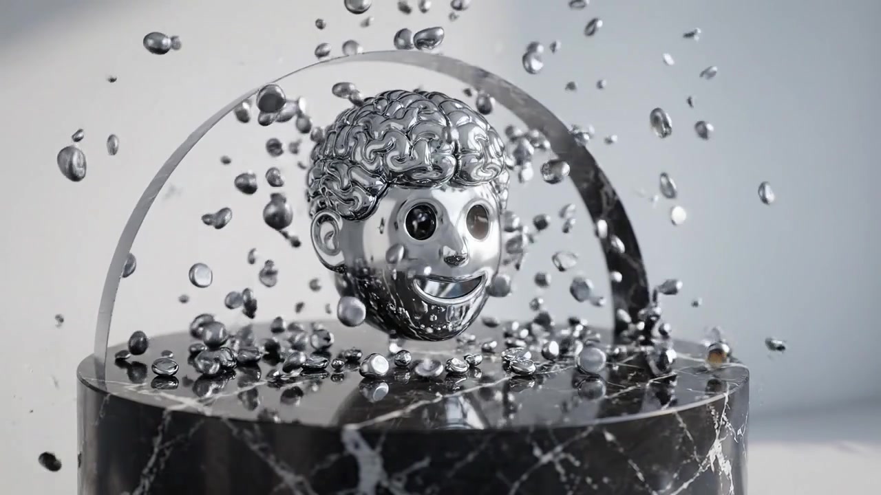 Una stravagante testa metallica lucida con un design a forma di cervello fluttua sopra un piedistallo di marmo, incarnando creatività e arte futuristica con un sorriso giocoso