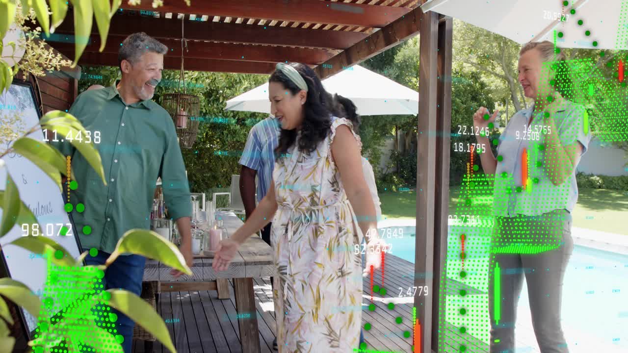 Group greeting arriving guest at pergola by pool, events AR overlays highlighting joy over group