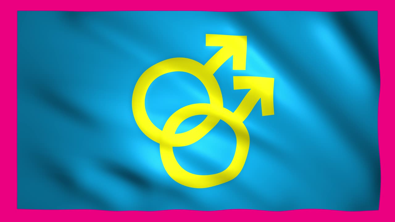 Gay and male gender symbol on blue flag on green screen for chroma key