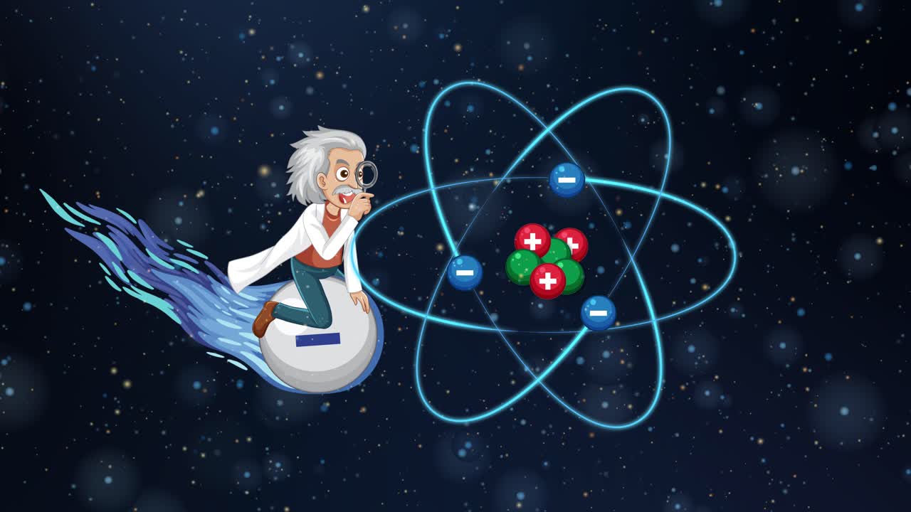 A cartoon scientist rides a blue comet through space while observing a spinning atomic model