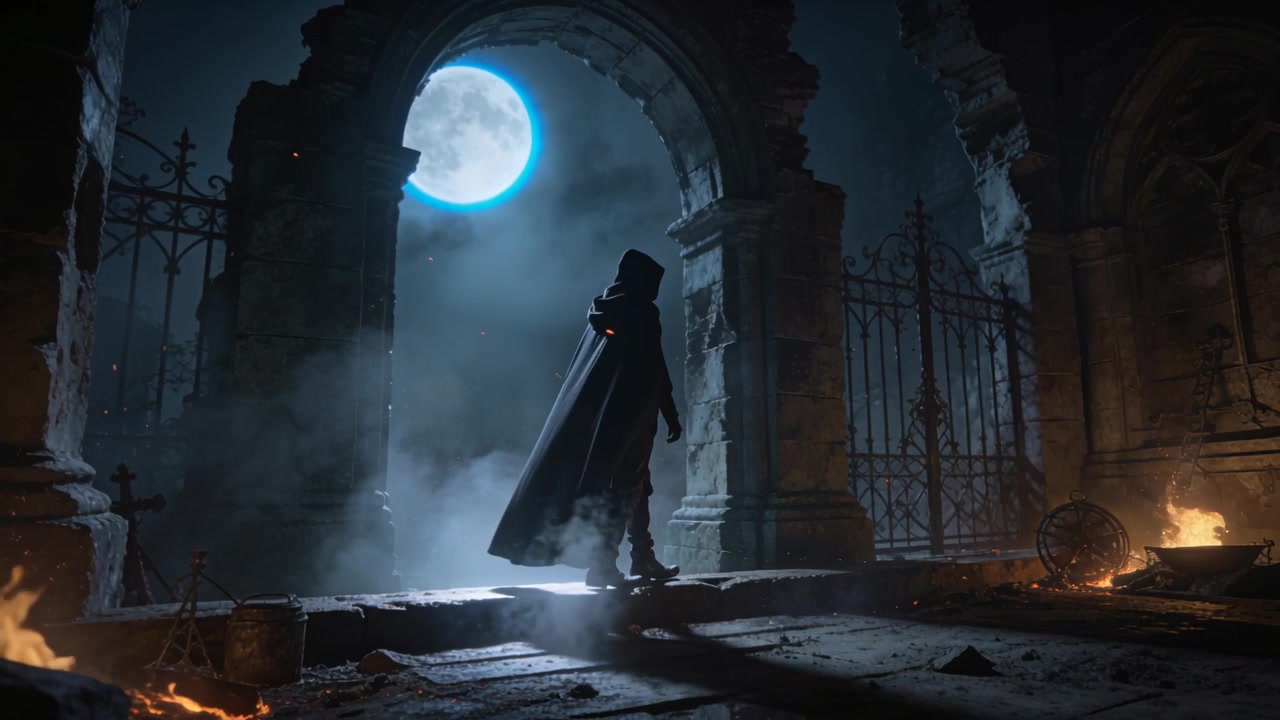 La luna piena rivela una figura ammantata con cilindro che si muove attraverso un arco in rovina, tra nebbia e bracieri.