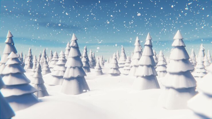Um passeio por uma floresta coberta de neve durante uma nevasca no Dia de Natal. Animação em loop infinito