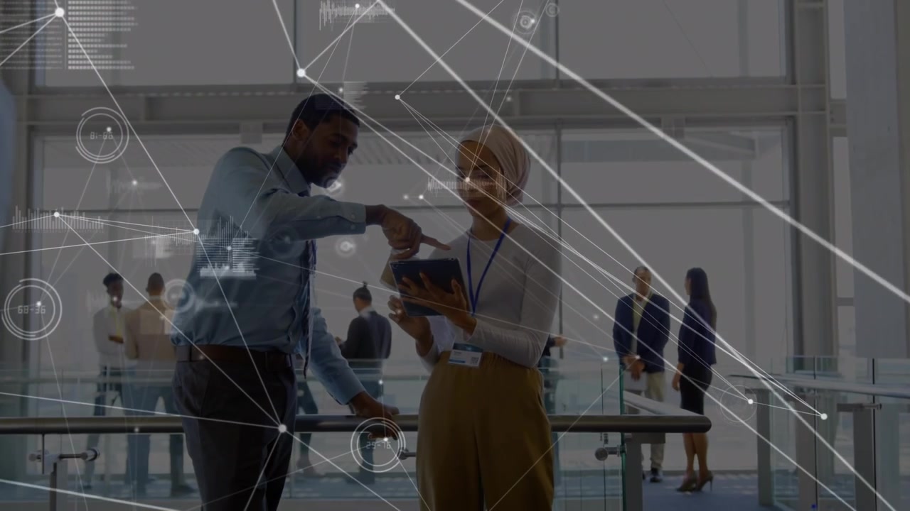 Animation of network of connections over diverse female and male coworkers in office