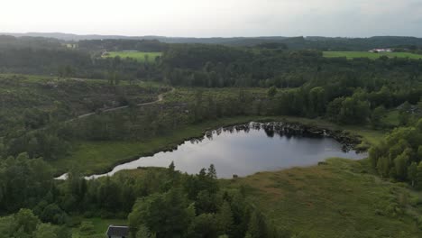 aerial of small remote pond in forested sweden