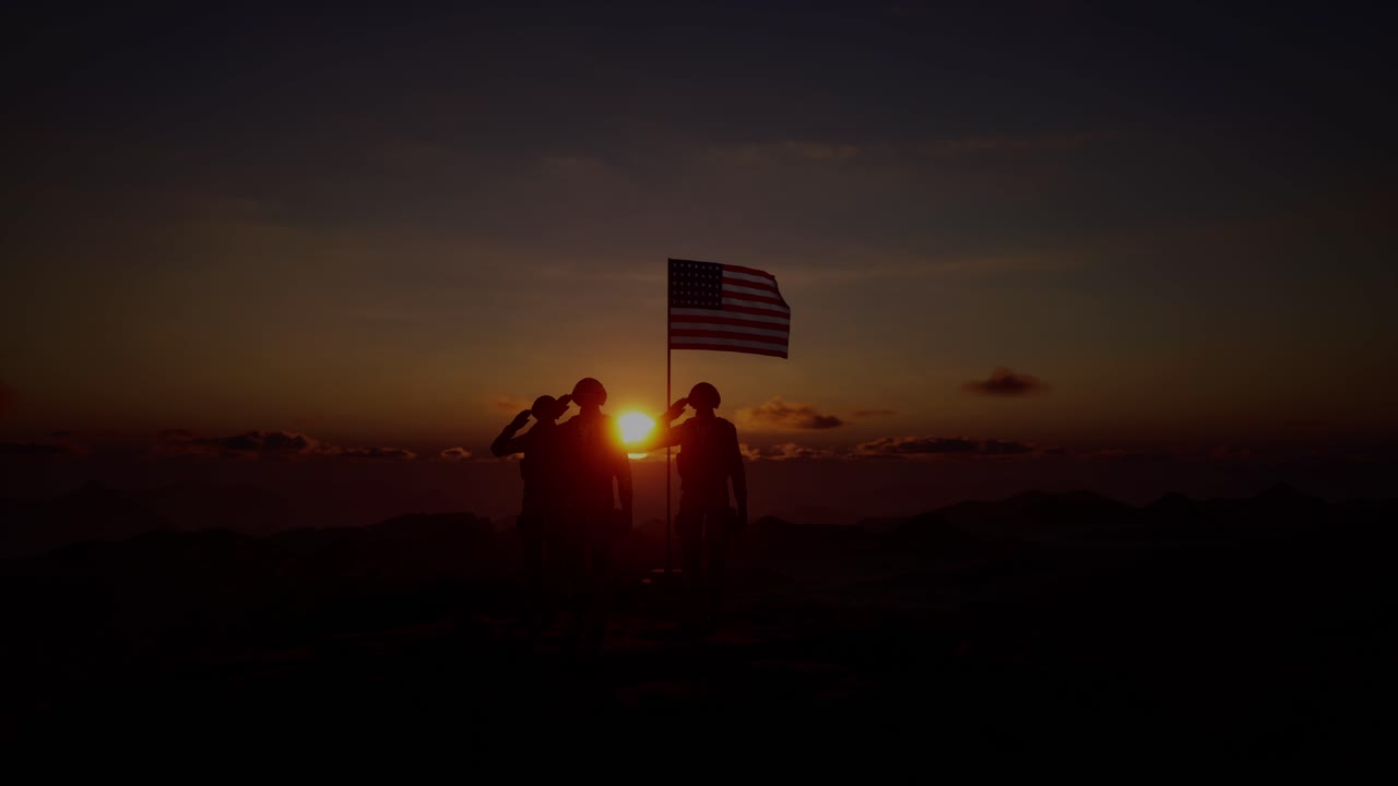 silueta de un soldado con la bandera estadounidense de pie contra el fondo de una puesta o amanecer. concepto de fiestas nacionales. día de conmemoración