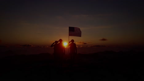 silhouette of a soldier with the american flag stands against the background of a sunset or sunrise. concept of national holidays. commemoration day