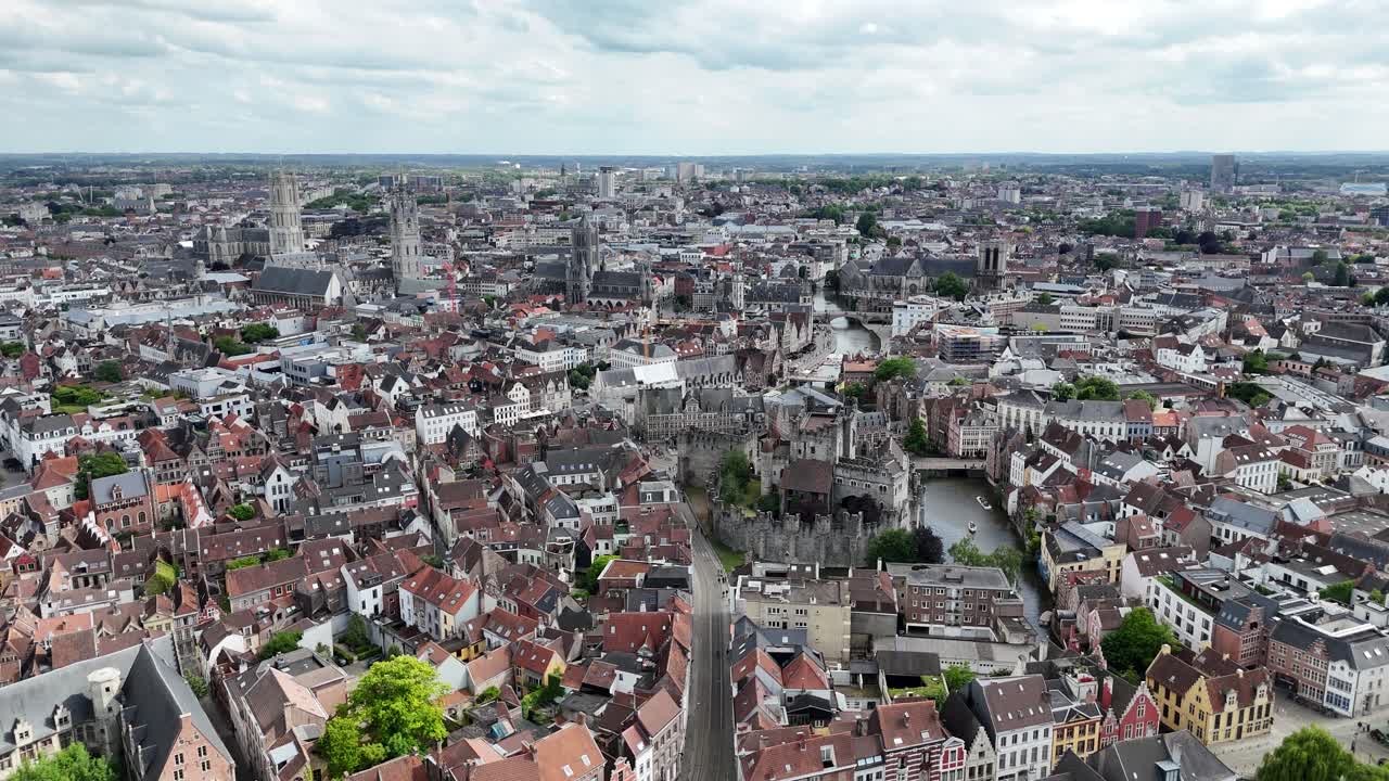 Ascending drone,aerial Ghent historical centre Belgium