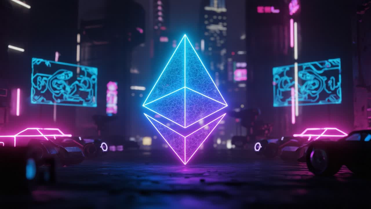 A Stunning Neon Visualization of the Ethereum Logo Surrounded by Futuristic Cars in a Vibrant Cyberpunk Cityscape at Night