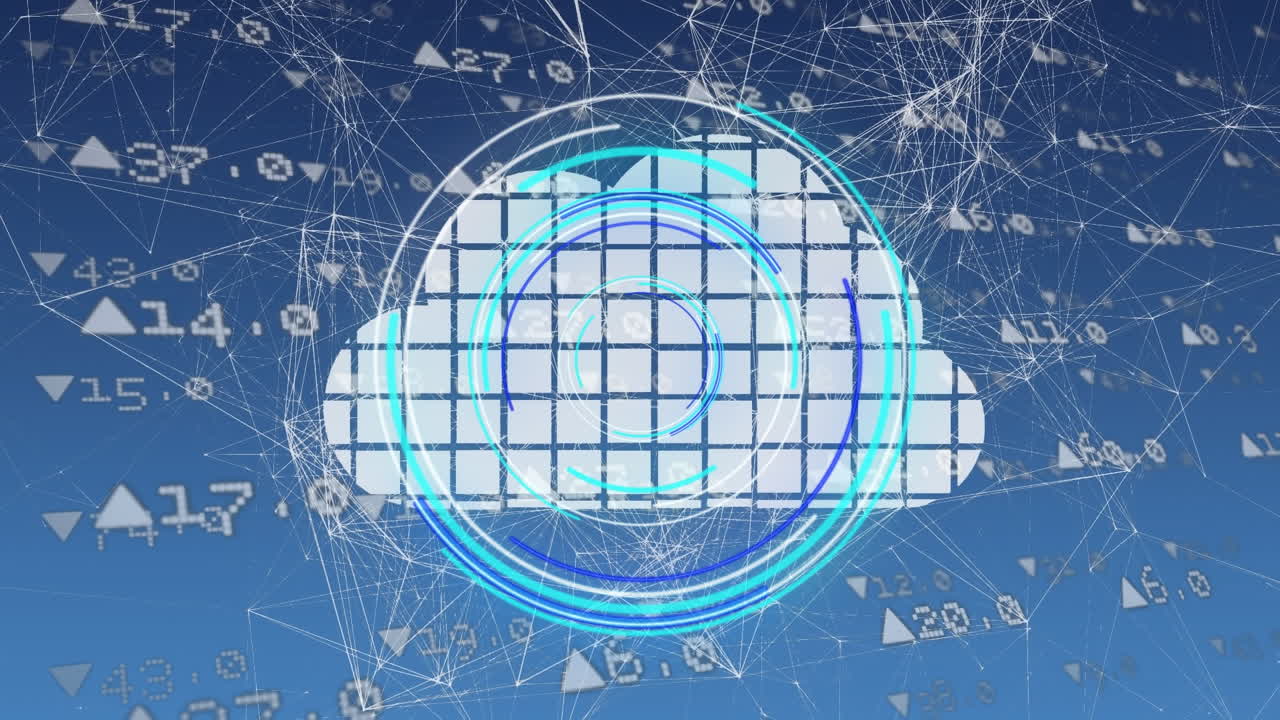 Animation of scope scanning over cloud icon and network of connections on blue background