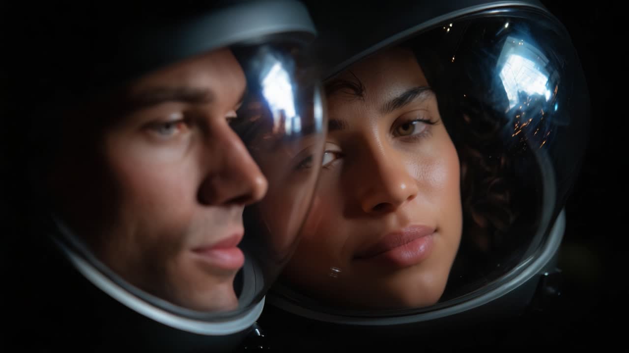 Uno sguardo affascinante sulla vita degli astronauti: due esploratori spaziali in stretta vicinanza, che contemplano il loro viaggio oltre i confini terrestri.
