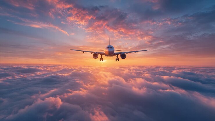 Breathtaking Aerial View of Airplane Flying Above Majestic Clouds During Vibrant Sunset with Colorful Skies and Beautiful Atmospheric Effects