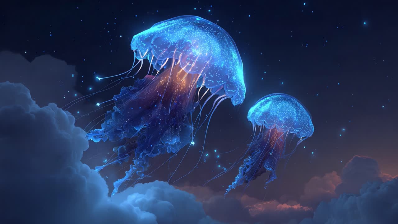 Una visione ipnotizzante di eteree meduse che fluttuano serenamente nel cielo notturno, illuminate da una luce celeste brillante tra nuvole soffici e oniriche