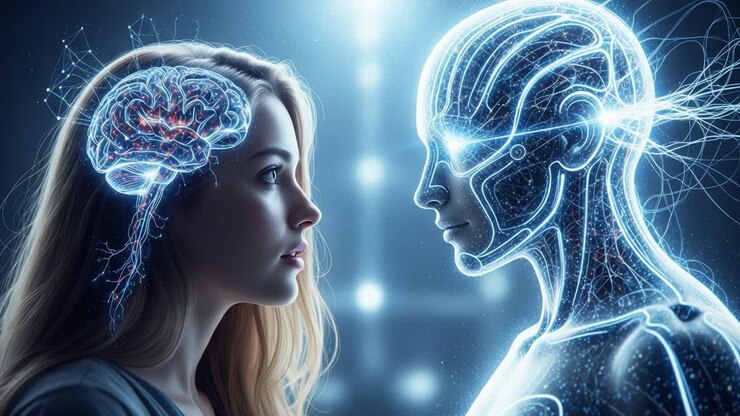 Un incontro profondo tra umanità e tecnologia: il cervello di una donna si connette con un robot futuristico, esplorando il nesso tra intelligenza ed emozione.