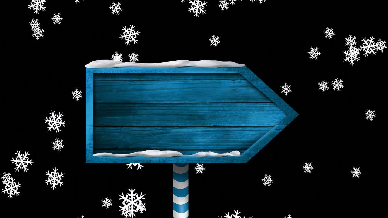 눈이 내리는 위에 복사 공간과 함께 나무 표지판의 애니메이션