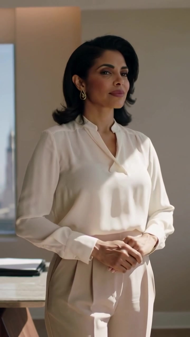 Vertical video: Starting profile woman shifting from window to front in office silk blouse thinking