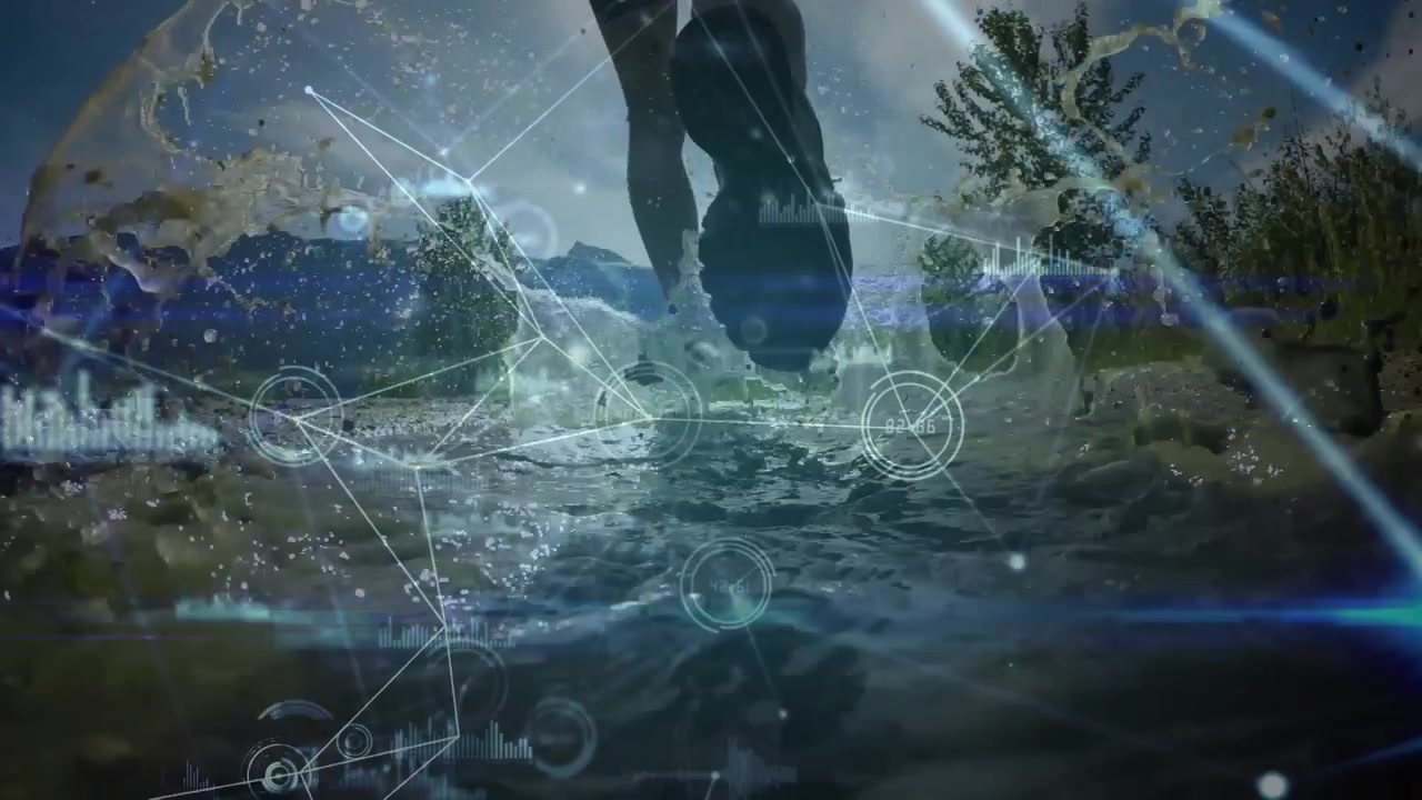 Animazione di connessioni e dati sulle gambe di una donna caucasica che salta in una pozzanghera.