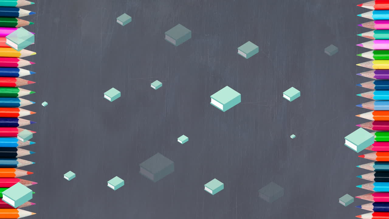 크레이온과 블랙보드 위에 책 디지털 아이콘의 애니메이션