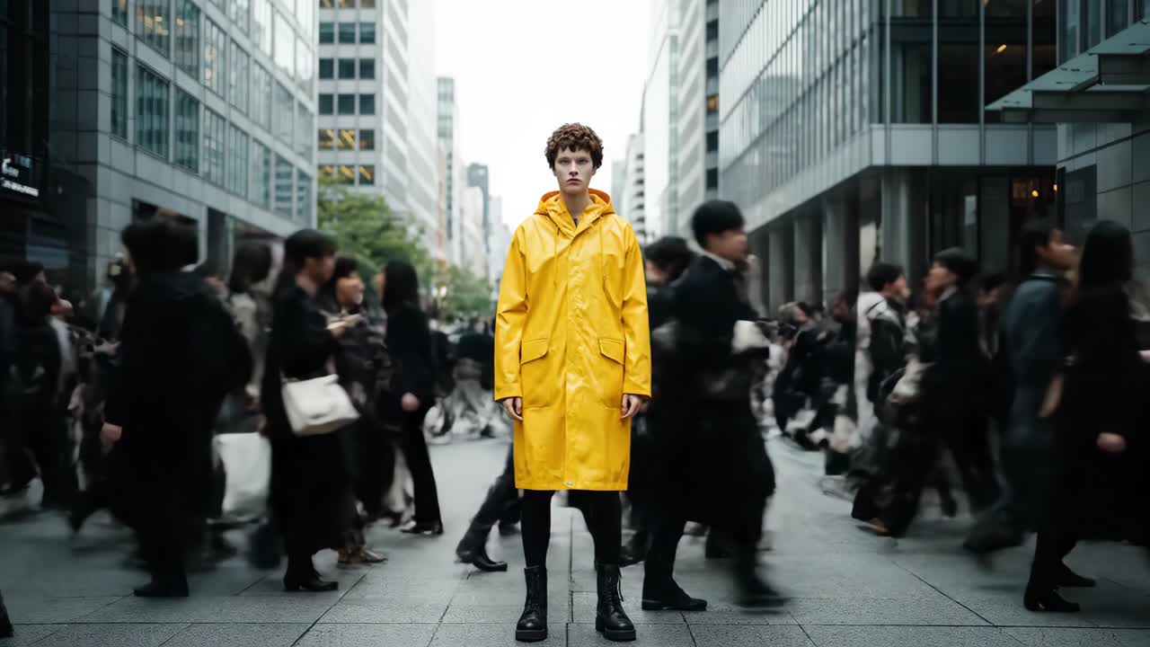 Woman in Yellow Raincoat Standing Out in City Crowd
