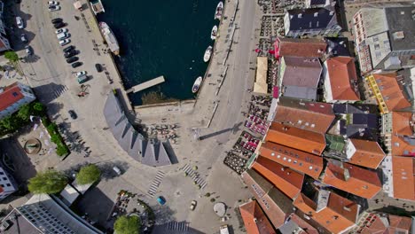 high-altitude overhead drone shot capturing stavanger torget and vågen, highlighting the city’s lively waterfront and urban charm in sunny weather.