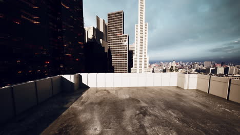 panoramic view of a city skyline from a rooftop under dramatic lighting