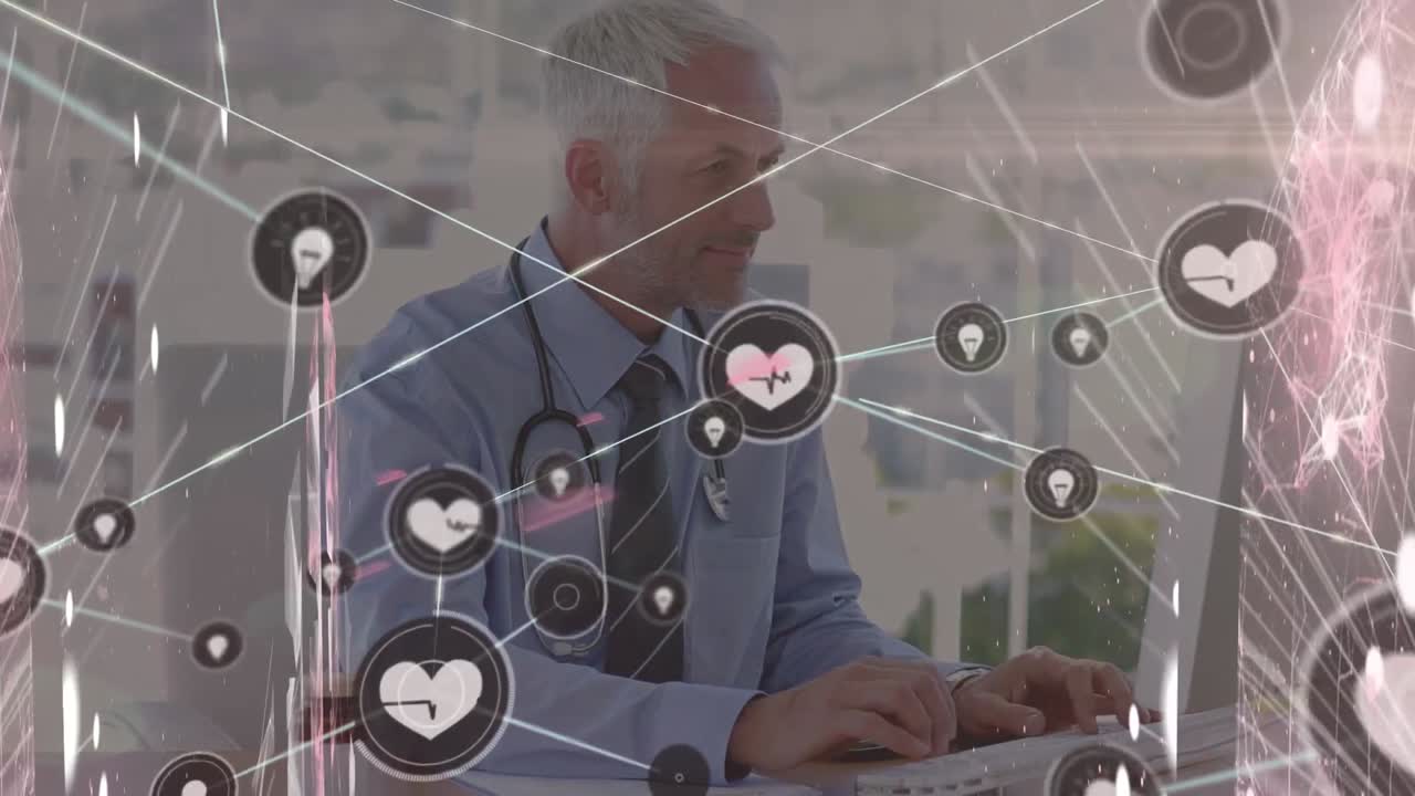 카우카시안 사업가에 대한 미디어 아이콘과의 연결 네트워크의 애니메이션