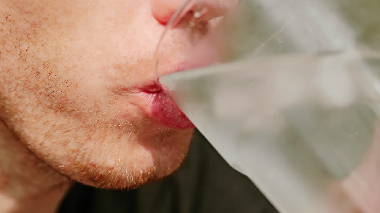 Slow motion close up of red-bearded man sipping ice water in warm sunlight