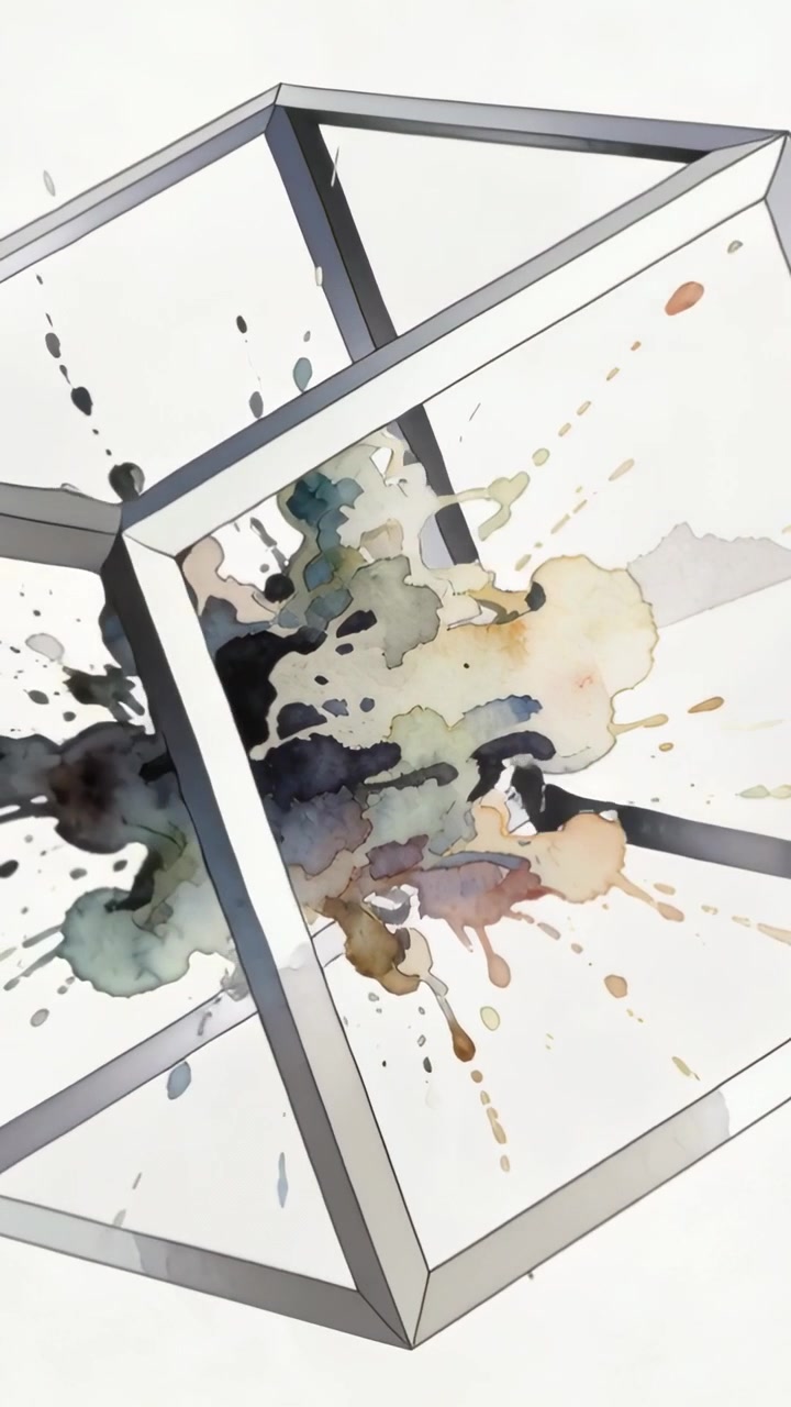 Vertical video: Clip starting glass cube rotating in studio to reveal ink splash with dark frame