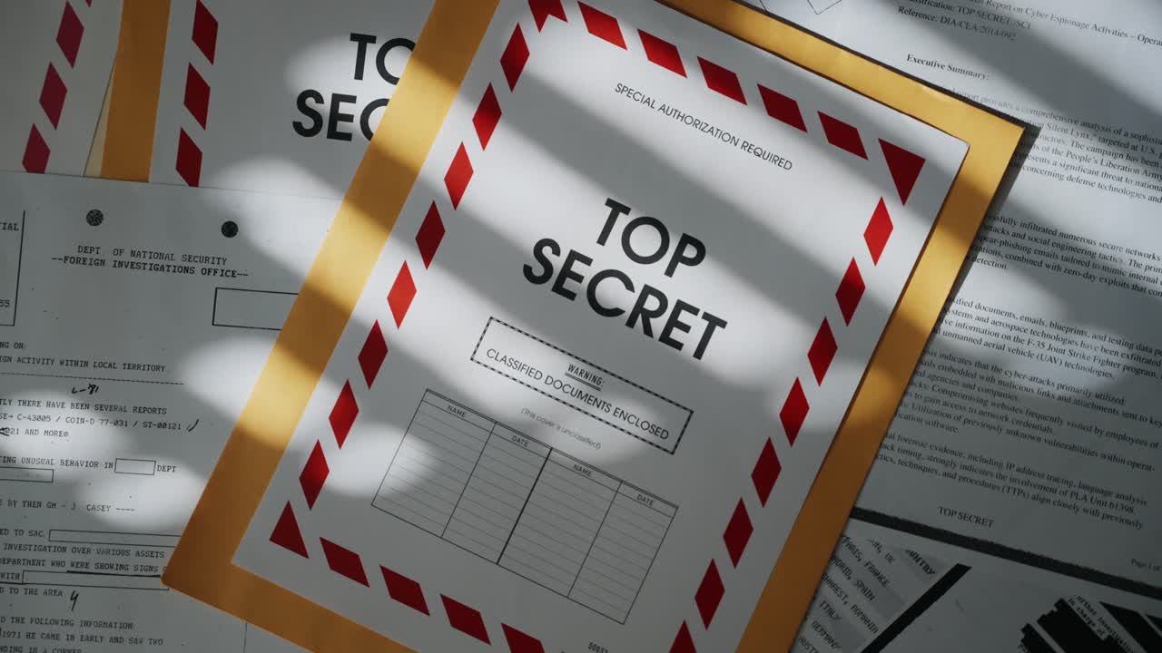 Top shot on files and folders with top secret information in dark office room. Window shadow on documents and manila folder with red retro old label containing classified files and censored text