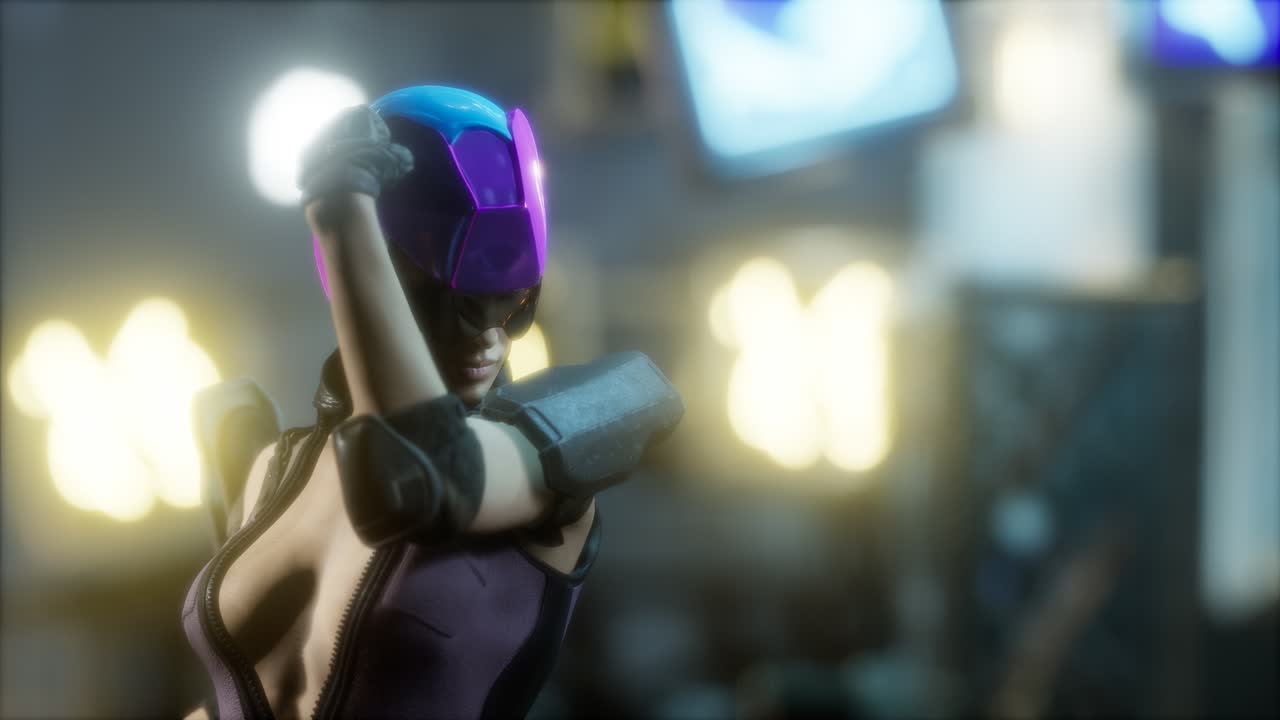 futuro concepto de mujer cyberpunk con luces de neón de la ciudad