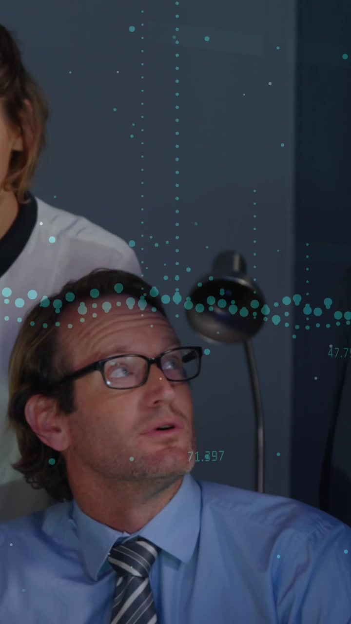 Animation of data processing over diverse business people talking