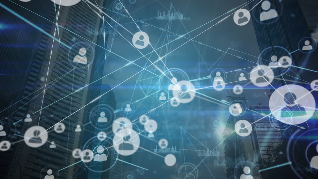 Network of profile icons and light trails against tall buildings in background