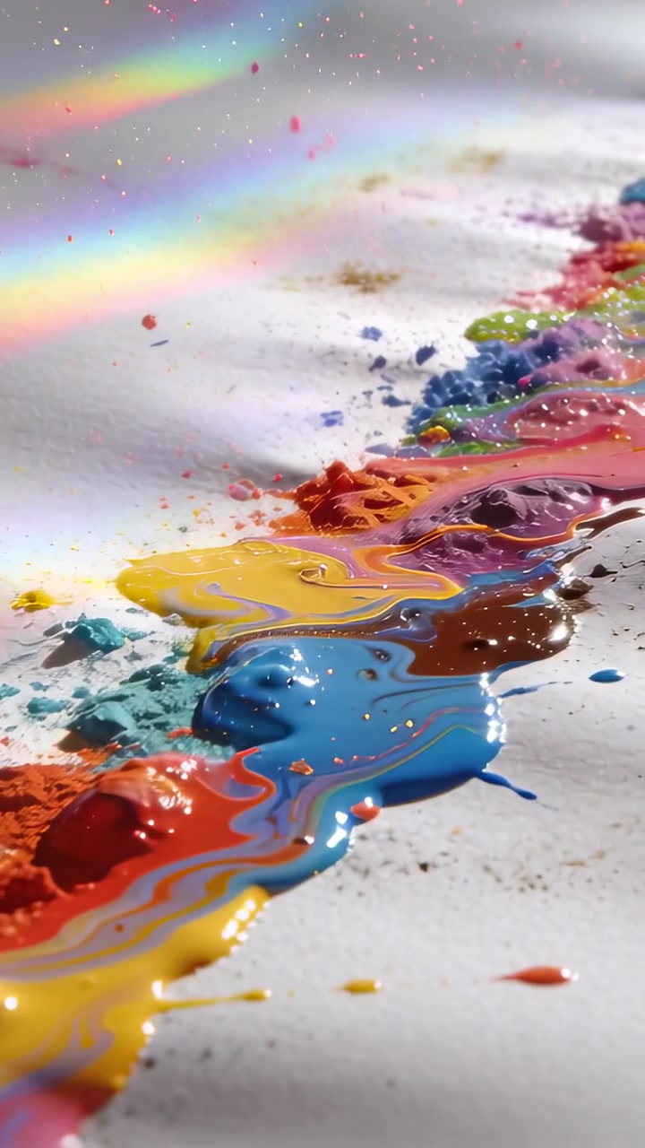 Video verticale: Polvere che si sbriciola, lasciando che una striscia di vernice scorra in pozzanghere su un foglio bianco, creando un arcobaleno.