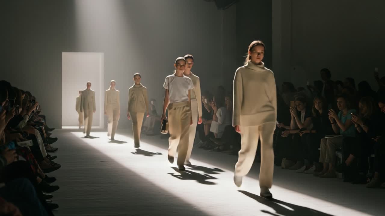 Elegant Fashion Showcase: Models Strut Down the Runway in Minimalist Beige Outfits Highlighted by Dramatic Lighting, Captivating Audience Applaud Stunning Designs