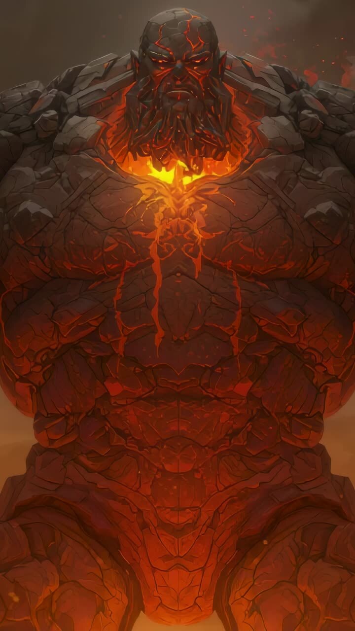 Vertical video: Shot capturing stone golem radiating lava fissures and glowing core amid smoky haze